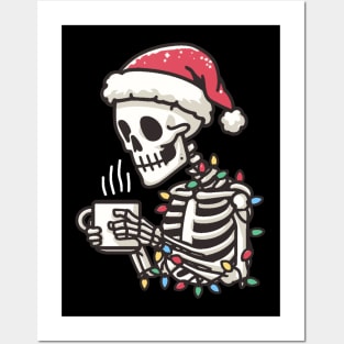 Christmas Skeleton Drinking Coffee Posters and Art